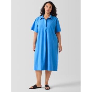 Eileen Fisher Blue‎ Organic Cotton Collared Midi Shirt Dress L/G